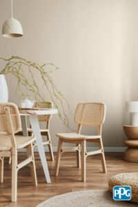 Stylish interior of dining room with family table. Template.