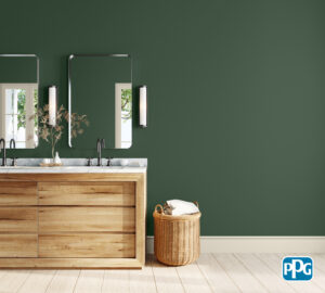 Modern bathroom interior design with wooden vanity and rattan basket